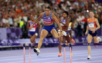 Sydney McLaughlin-Levrone on her way to winning women's 400m hurdle gold in Paris